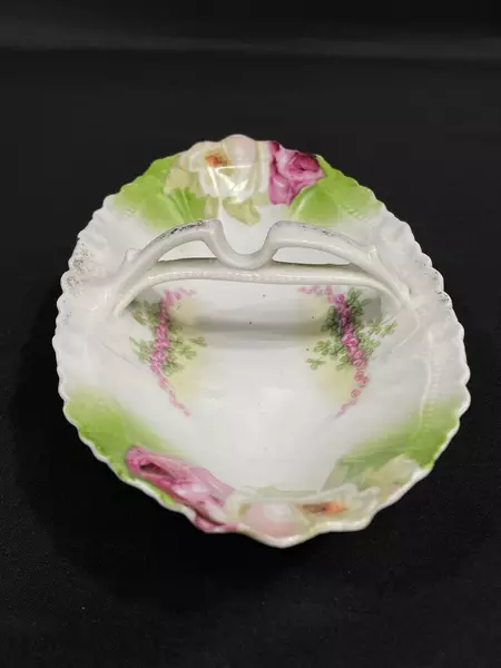 Vintage White Porcelain Oval Serving Dish Pink Roses Spoon Rest Handle