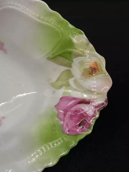 Vintage White Porcelain Oval Serving Dish Pink Roses Spoon Rest Handle