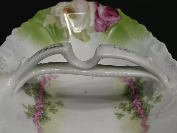 Vintage White Porcelain Oval Serving Dish Pink Roses Spoon Rest Handle