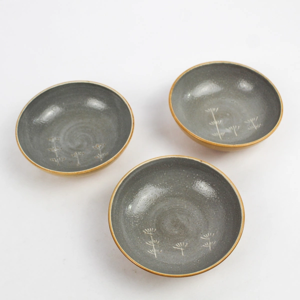 Set of 3 Hand-Painted Ceramic Sauce Bowls Etched Flower Design