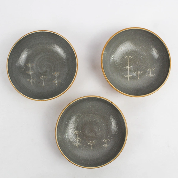 Set of 3 Hand-Painted Ceramic Sauce Bowls Etched Flower Design