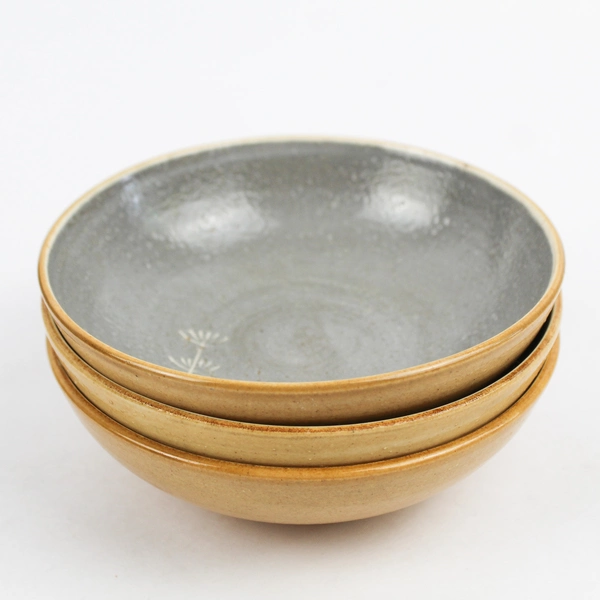 Set of 3 Hand-Painted Ceramic Sauce Bowls Etched Flower Design