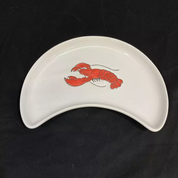 White Ceramic Crescent Moon Dish with Red Lobster - 10" Long, Good Condition