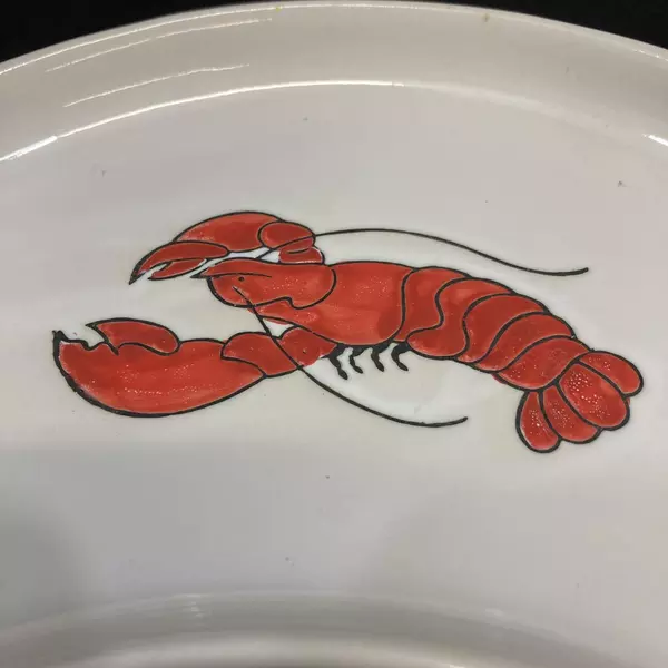 White Ceramic Crescent Moon Dish with Red Lobster - 10" Long, Good Condition