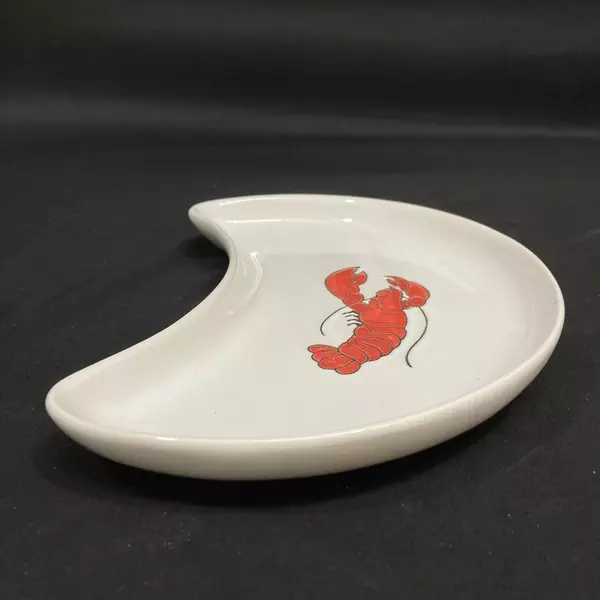 White Ceramic Crescent Moon Dish with Red Lobster - 10" Long, Good Condition