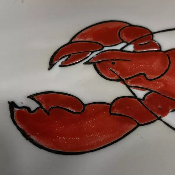 White Ceramic Crescent Moon Dish with Red Lobster - 10" Long, Good Condition