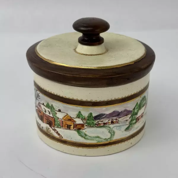 Vintage Ceramic Trinket Box with Lid Snowy Landscape Print 4.5" Diameter