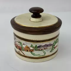 Vintage Ceramic Trinket Box with Lid Snowy Landscape Print 4.5" Diameter