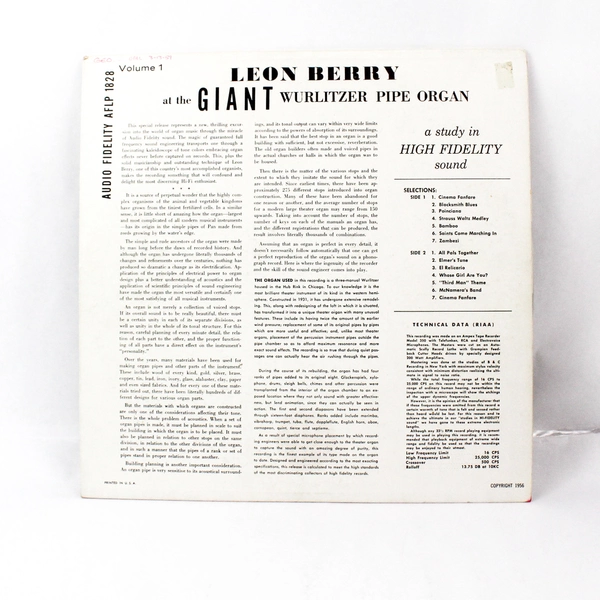 Leon Berry Vinyl Record at the Giant Wurlitzer Pipe Organ Volume 1
