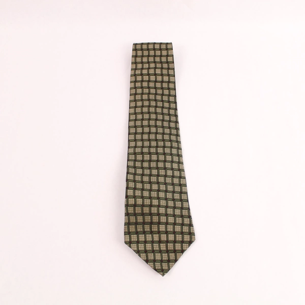 Vintage Van Heusen Silk Necktie Green Beige Geometric Design 60" Long