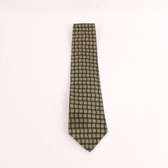 Vintage Van Heusen Silk Necktie Green Beige Geometric Design 60" Long