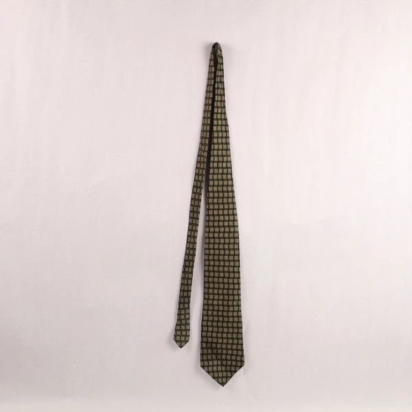 Vintage Van Heusen Silk Necktie Green Beige Geometric Design 60" Long