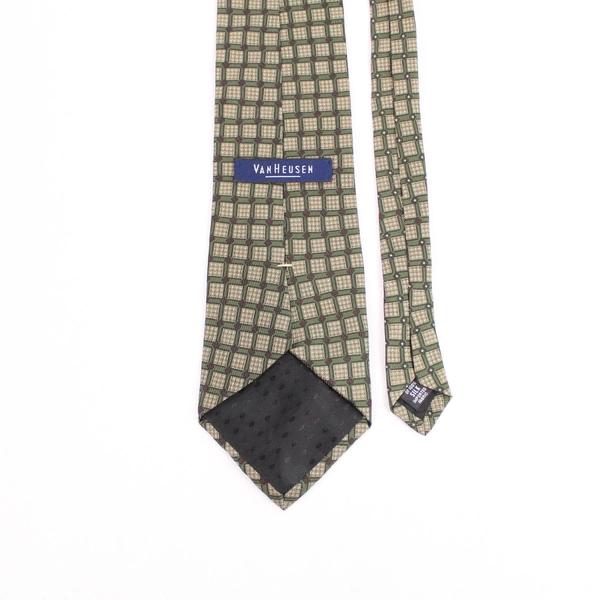 Vintage Van Heusen Silk Necktie Green Beige Geometric Design 60" Long
