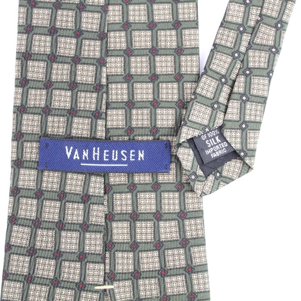 Vintage Van Heusen Silk Necktie Green Beige Geometric Design 60" Long