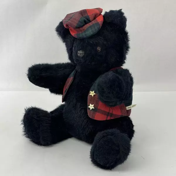Vintage Heidi Gray Black Plush Teddy Bear Articulated Limbs Plaid Vest & Cap
