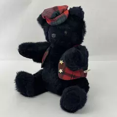 Vintage Heidi Gray Black Plush Teddy Bear Articulated Limbs Plaid Vest & Cap