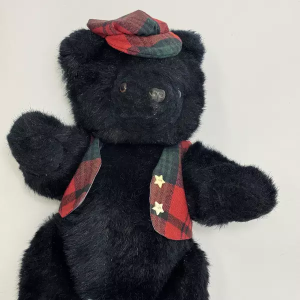 Vintage Heidi Gray Black Plush Teddy Bear Articulated Limbs Plaid Vest & Cap