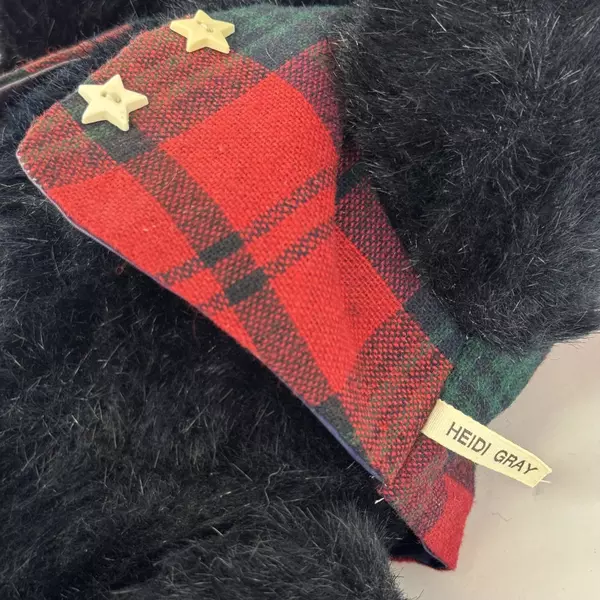 Vintage Heidi Gray Black Plush Teddy Bear Articulated Limbs Plaid Vest & Cap