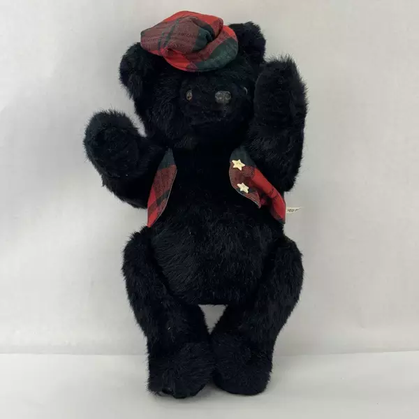 Vintage Heidi Gray Black Plush Teddy Bear Articulated Limbs Plaid Vest & Cap