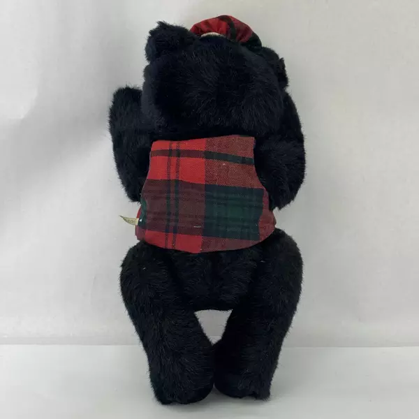 Vintage Heidi Gray Black Plush Teddy Bear Articulated Limbs Plaid Vest & Cap