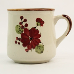 Beige Ceramic Mug with Red Green Flower Design & Brown Rim - Pre-Owned
