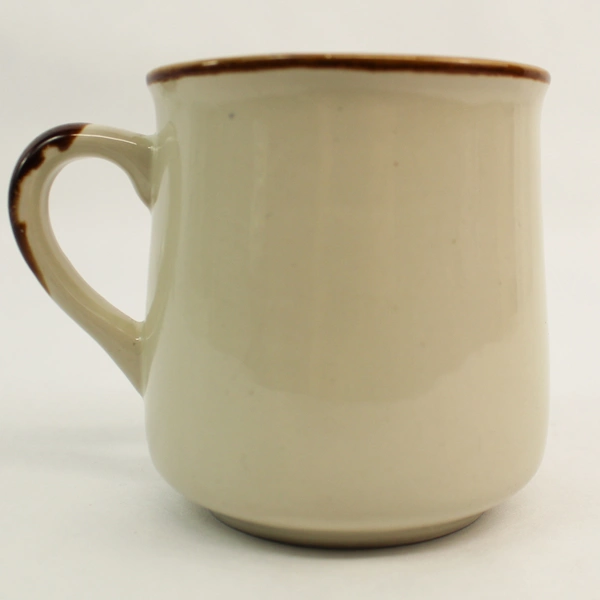 Beige Ceramic Mug with Red Green Flower Design & Brown Rim - Pre-Owned