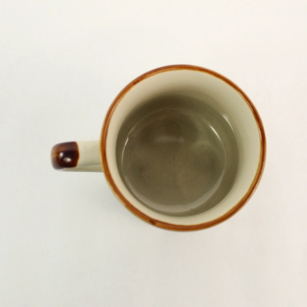 Beige Ceramic Mug with Red Green Flower Design & Brown Rim - Pre-Owned