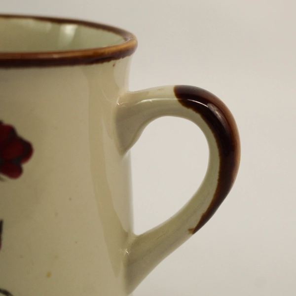 Beige Ceramic Mug with Red Green Flower Design & Brown Rim - Pre-Owned