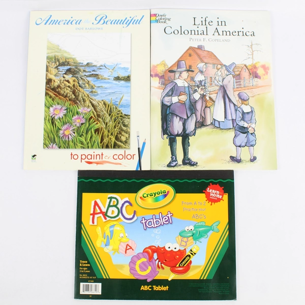 Lot Of 3 Coloring Books: America The Beautiful, A B C Tablet, Colonial America