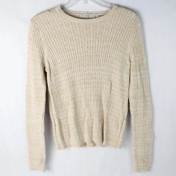 Pria Women's Beige Metallic Pullover Sweater Long Sleeve Ribbed Size PM