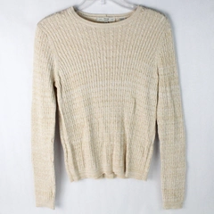 Pria Women's Beige Metallic Pullover Sweater Long Sleeve Ribbed Size PM