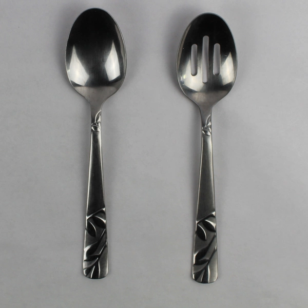 Lot of 2 Cambridge Flatware Zinnia Sand Stainless Slotted & Not Serving Spoons