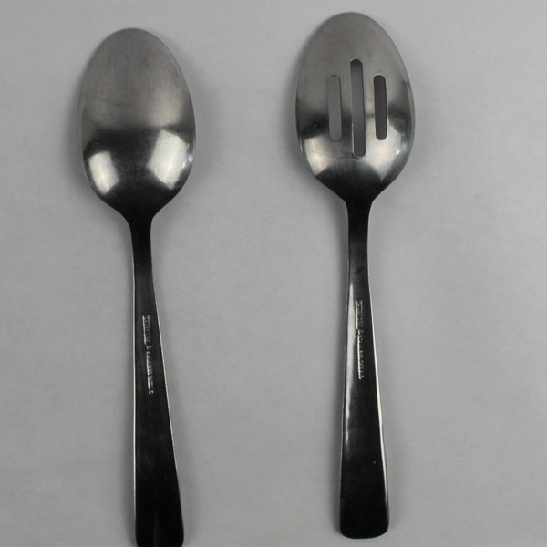 Lot of 2 Cambridge Flatware Zinnia Sand Stainless Slotted & Not Serving Spoons