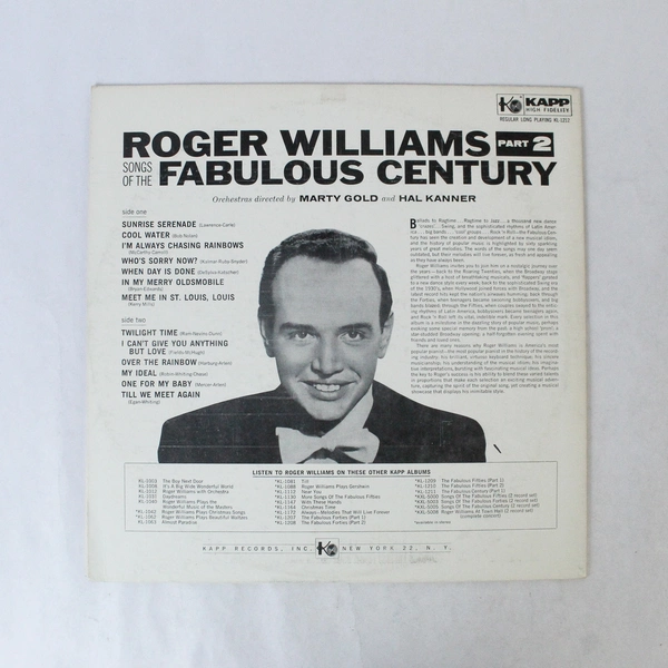 Roger Williams Songs of the Fabulous Century Part 2 Vinyl Record KL-1212