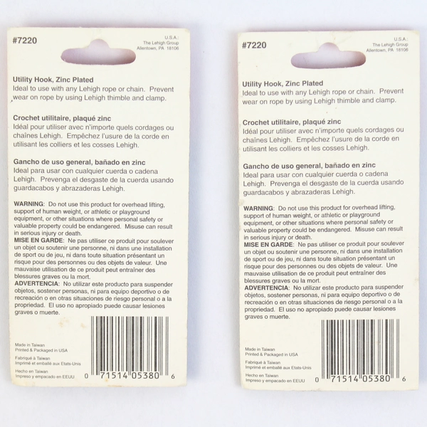 Lot of 4 Lehigh Screw Utility Hooks Zinc Plated 4 x 3/8 in 7220