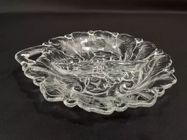 Embossed Flower Divided Glass Bowl with Handle - 2 Sections, 8" Long