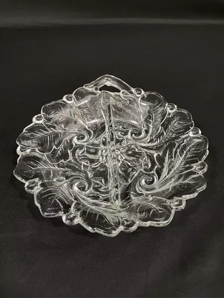 Embossed Flower Divided Glass Bowl with Handle - 2 Sections, 8" Long
