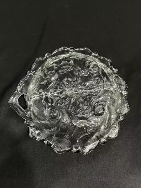 Embossed Flower Divided Glass Bowl with Handle - 2 Sections, 8" Long