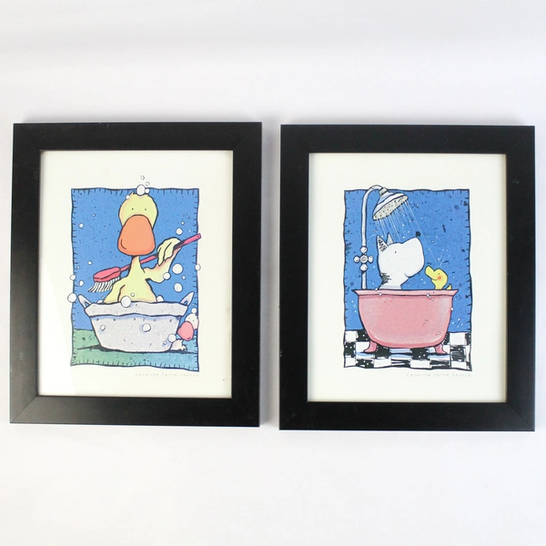 Lot of 2 Framed Prints by Caroline Jayne Church Bathroom Animal Illustrations