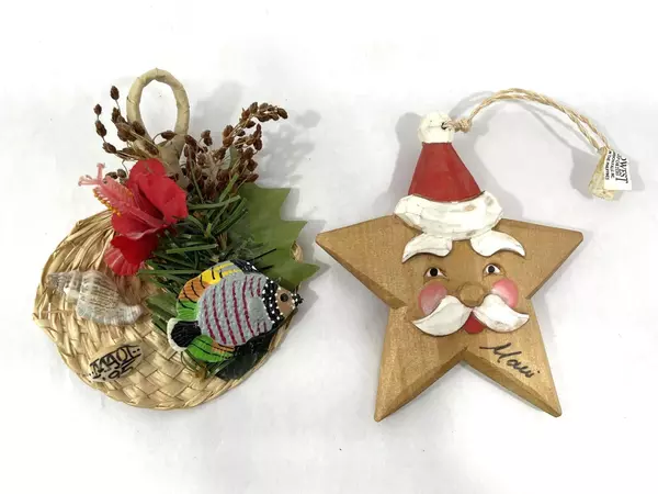 Lot of 2 Maui Christmas Ornaments Wood Star & Bamboo Fan Decor 1995