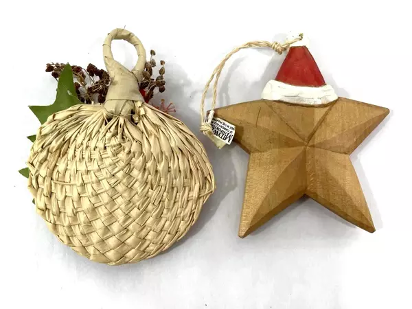 Lot of 2 Maui Christmas Ornaments Wood Star & Bamboo Fan Decor 1995