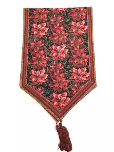 Christmas Table Runner Poinsettias Red Green Burgundy Tassel 70" Long