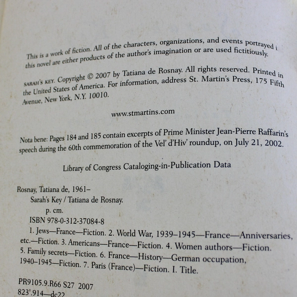 Sarah's Key A Novel by Tatiana de Rosnay 2007 Paperback