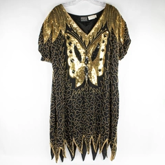 VTG Erica Louis Beaded Sequin Dress Black Gold Butterfly Design Women's L Flawed
