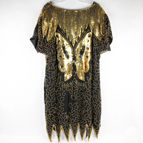 VTG Erica Louis Beaded Sequin Dress Black Gold Butterfly Design Women's L Flawed