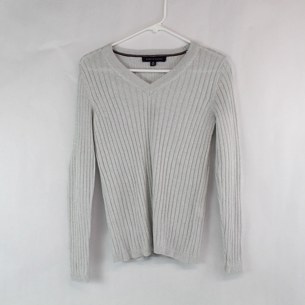 Tommy Hilfiger V-Neck Pullover Sweater Metallic Silver Gray Size S/P Pre-Owned