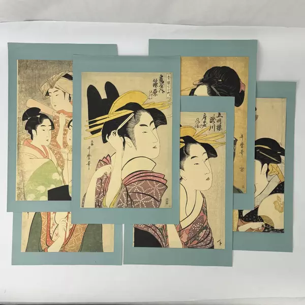 Six Vintage Kitagawa Utamaro Japanese Woodblock Geisha Prints 14 x 9.5 Inch