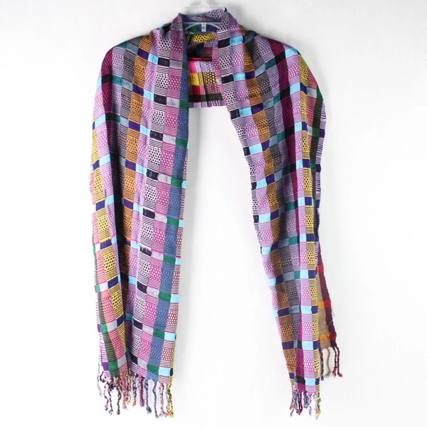 Multicolor Checkered Knit Scarf With Fringe Fashion Accessory