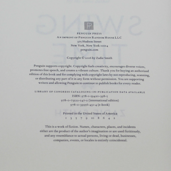 Zadie Smith Swing Time Hardcover Book 2016 Penguin Press Good Condition