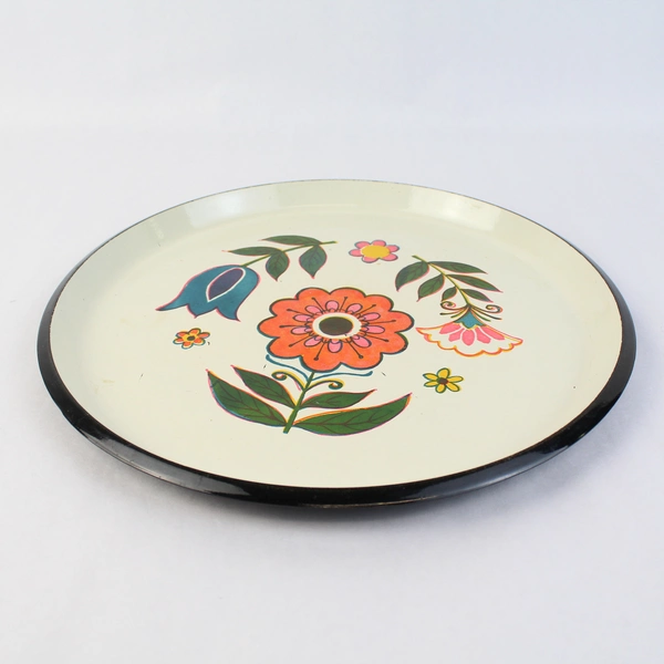 Vintage MCM Hand Painted Round Lacquer Platter Floral Pattern 13.5 Inch